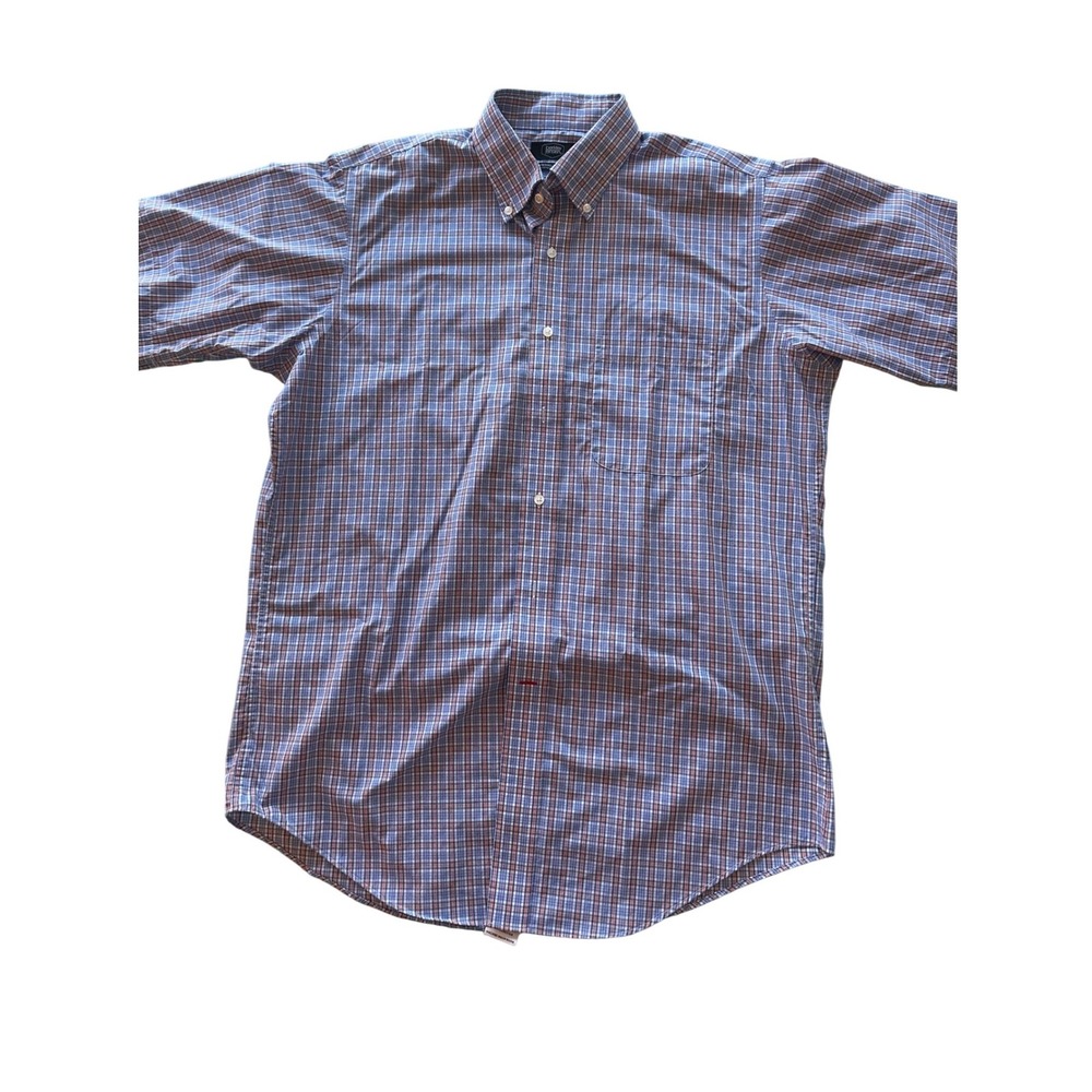 Berkley Jensen Mens Medium Blue Orange Plaid Wrinkle Free Short Sleeve Shirt